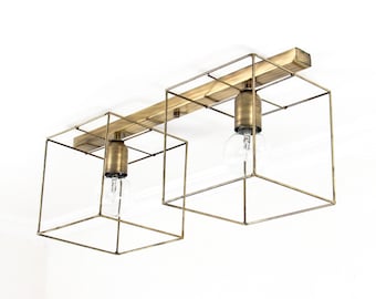 Flush Mount Brass Ceiling Light Modern Kitchen Island Industrial Cage Wall Sconce | Light Fixture Vintage Lighting Geometric Double Cluster