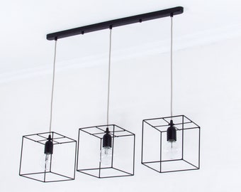 Geometric Pendant Light | Kitchen Island Light | Cubic Cage Ceiling Light | Black Hanging Lamp |Chandelier Lighting |Triple Pendant Lamp