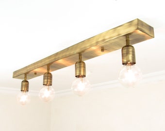 Industrial Ceiling Light | Flush Mount Brass Vanity Light | Vintage Lighting | Modern 4 Fixture Ceiling Lamp | Geometric Wall Sconce Dining