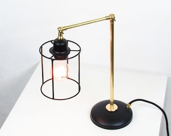 Modern Brass Table Lamp Minimal mid-Century Task Light Black Bedside Lamp Nightstand | Industrial Lamp Cage Living Room | Black Golden Lamp