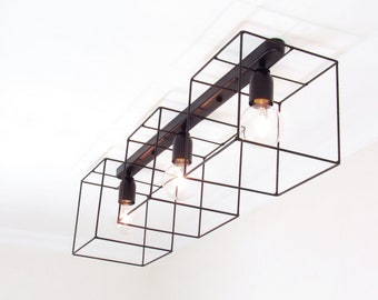 Flush Mount Geometric Ceiling Light | 3 Lights Minimal Industrial Lamp | Cubic Cage Wall Sconce | Dining Room Lighting | Vintage Lighting