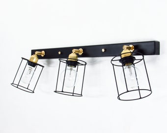 Vanity Light Industrial Black Brass Flush Mount Ceiling Light | Geometric Cage Wall Sconce | Modern 4 Fixture Adjustable Vintage Lighting