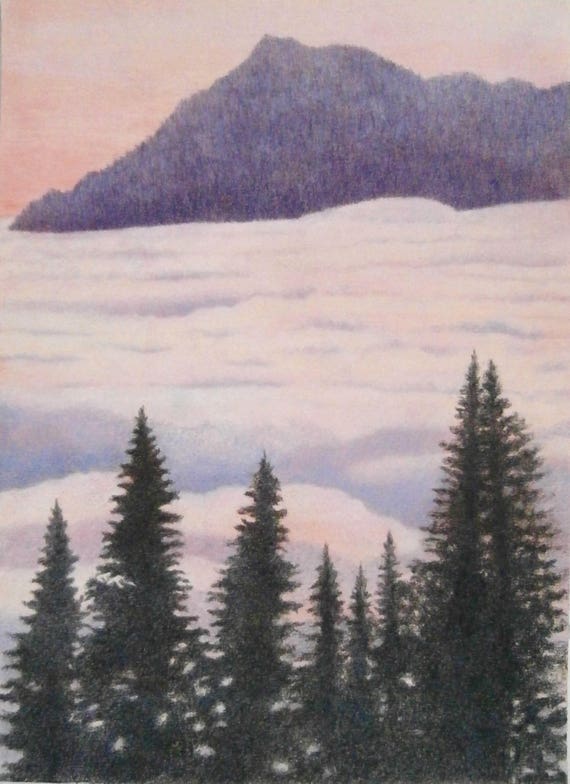 Misty Mountains Original Landscape Coloured Pencils Drawing Etsy