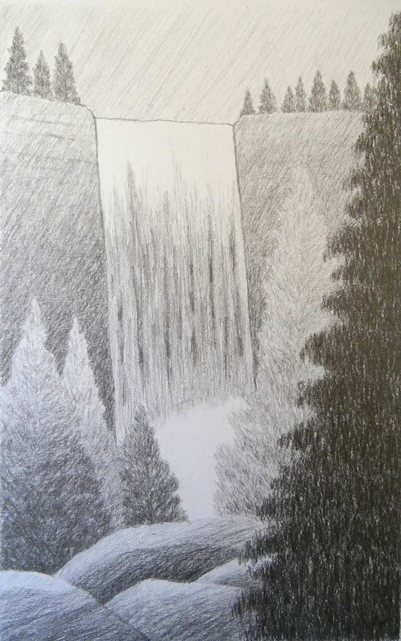Waterfall Original Landscape Graphite Drawing Simple Etsy