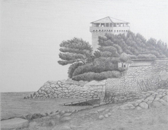 Coastal Fort Original Graphite Drawing Detailed Seascape Etsy