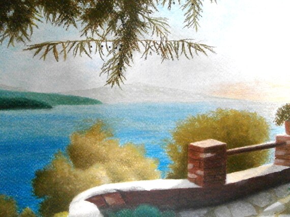 Coucher De Soleil Terrasse Original Paysage Pastel Sec Peinture Détaillée Grec Paysage De Montagne Pilio
