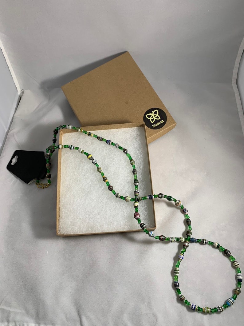one of a kind #4 Kenyan Unique Multi Colored- Earth Tone and Green Recycled Paper Bead Necklace Adult size