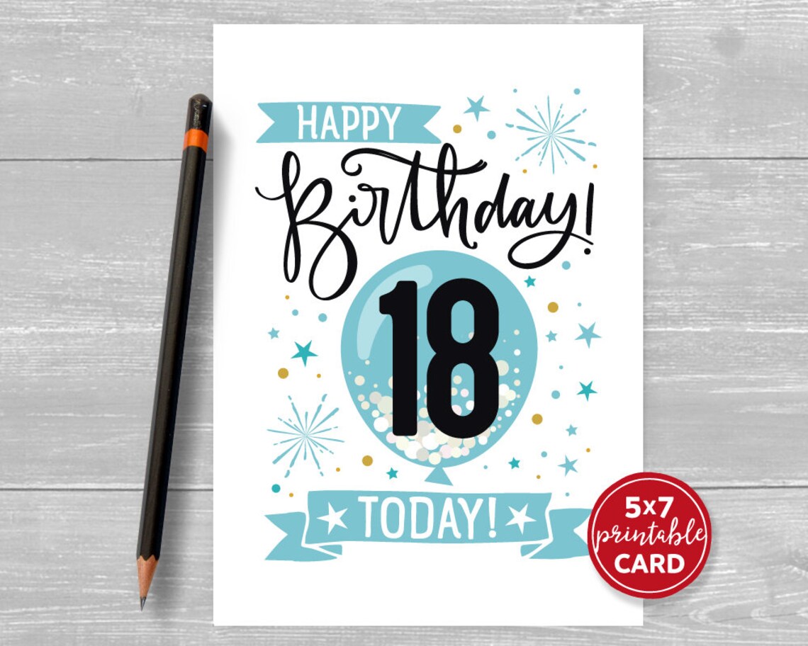 Printable 18th Birthday Card in Blue Happy Birthday 18 - Etsy
