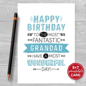 Printable Birthday Card For Grandad Happy Birthday To The Most Fantastic Grandad, Have A Most Wonderful Day 5x7 Envelope Template image 1