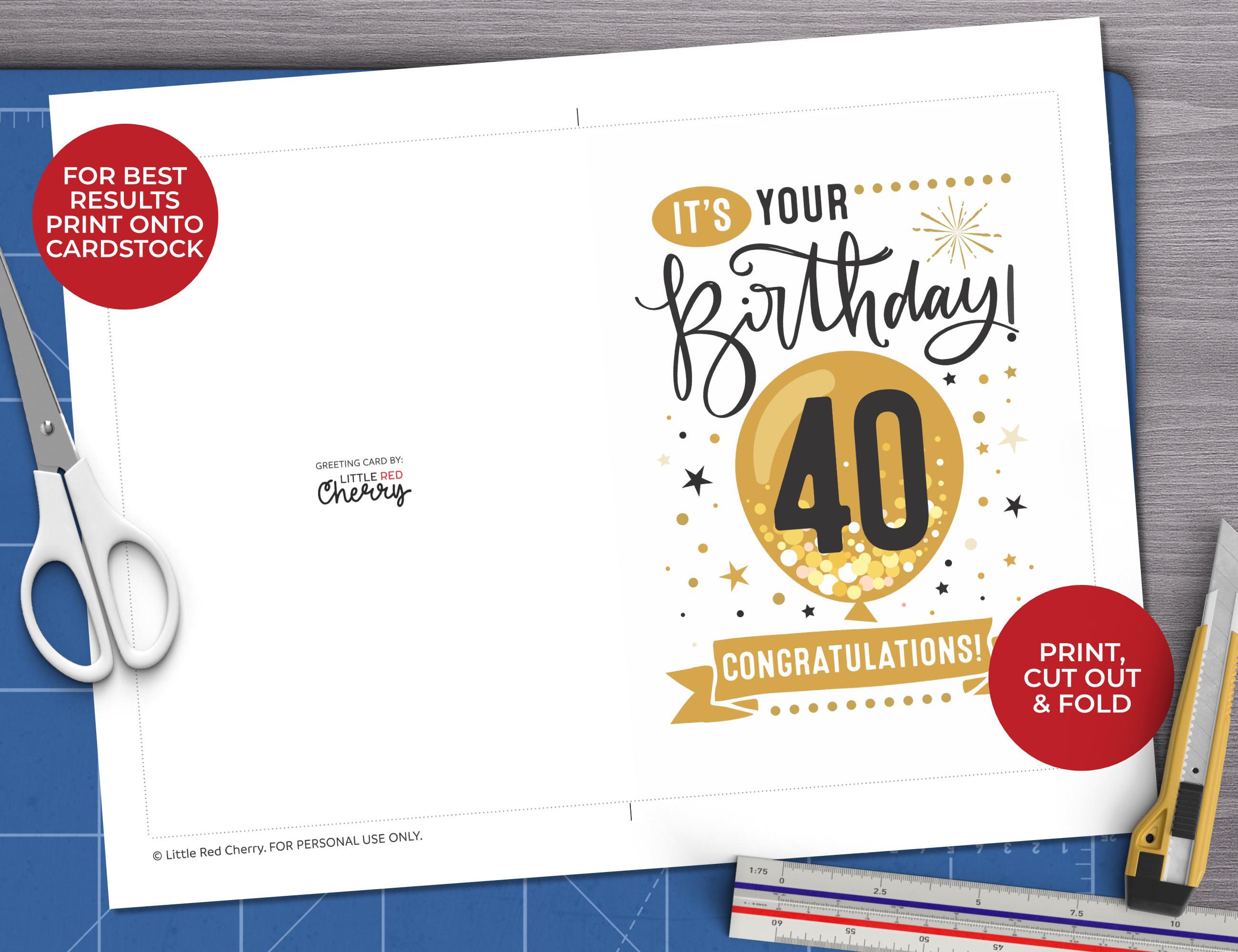 Printable 40th Birthday Card Forty Balloon 5