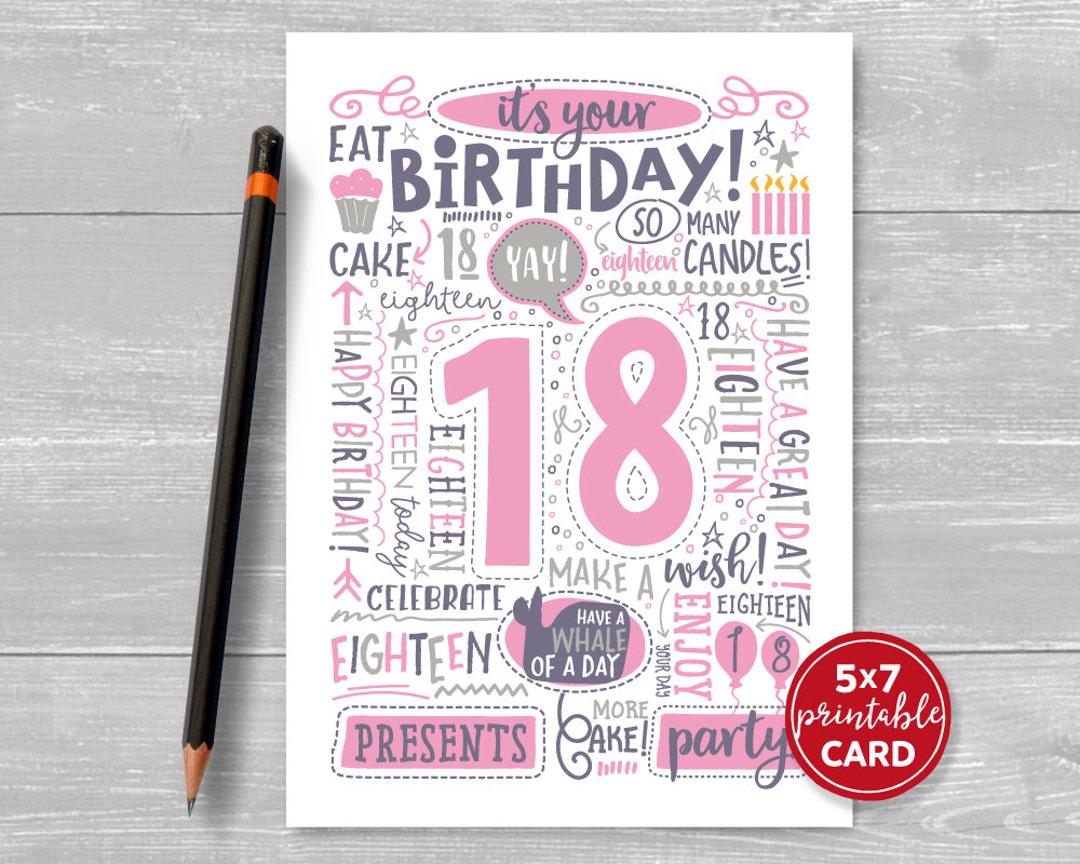 Printable 18th Birthday Card Doodled Eighteen Birthday Card - Etsy