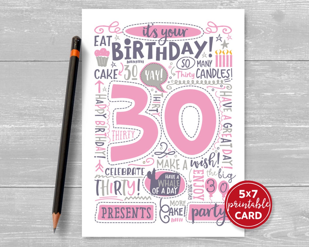 Printable 30th Birthday Card Doodled Thirty Birthday Card in - Etsy