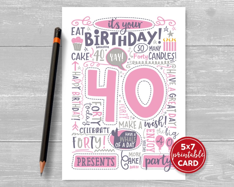 Printable 40th Birthday Card Doodled Forty Birthday Card In Etsy