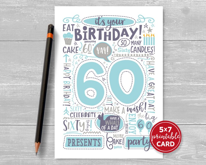 Printable 60th Birthday Card Doodled Sixty Birthday Card in - Etsy India