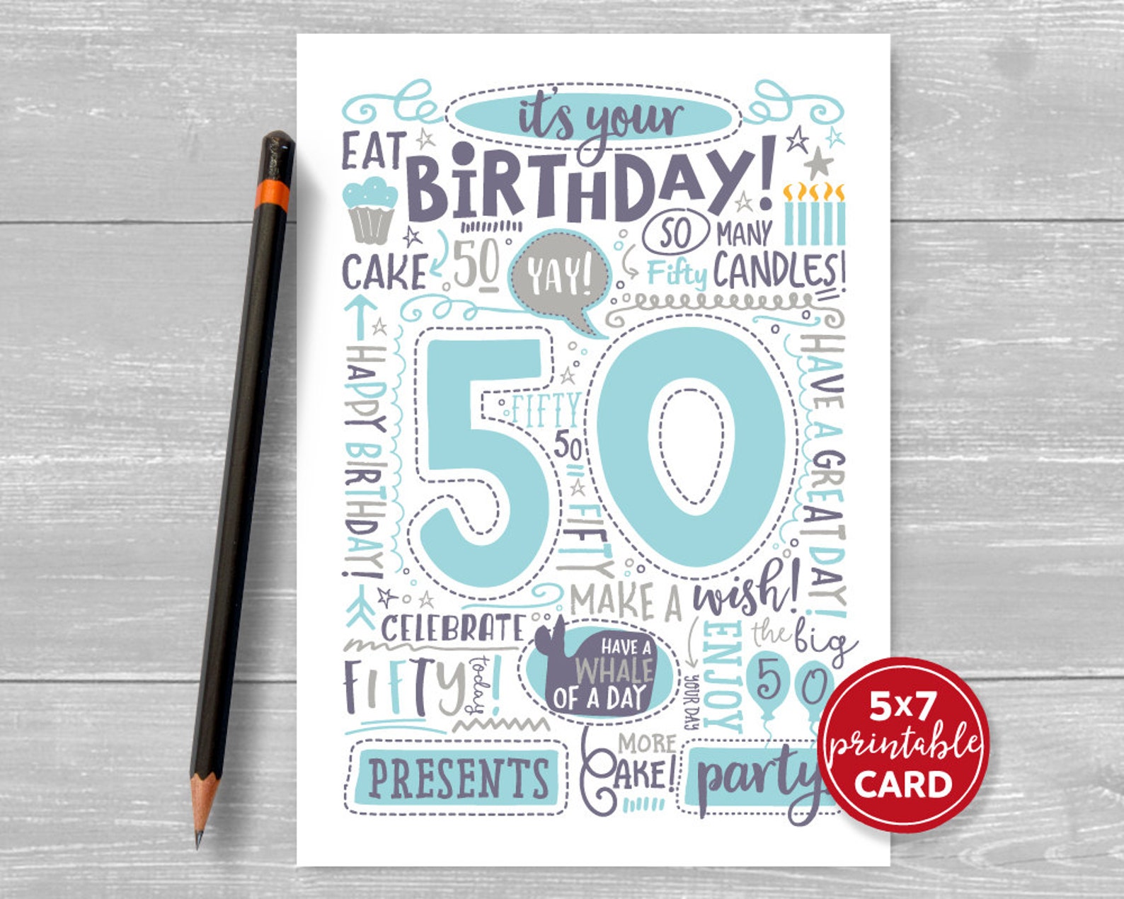 Printable 50th Birthday Card Doodled Fifty Birthday Card in Etsy