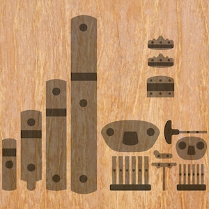 Peut inclure: Un ensemble de charnières en bois brun de différentes tailles et styles. Les charnières sont disposées en rangée sur un fond en bois.