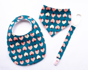 Strawberry Teal Bandana and Round Bibs & Pacifier Clip Set, Three Piece Set, Three Layer Absorbent Drool Catcher, Dummy Clip