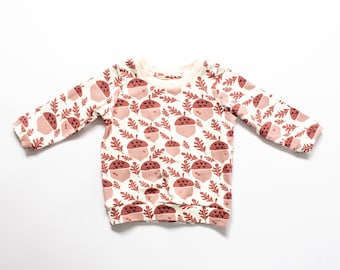 Acorn Long Sleeved T-shirt for Babies and Children, Organic Cotton Unisex Top, Made to Order, Handmade in UK
