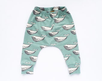 Whale Aqua Harem Pants, Organic Cotton Baby Leggings, Unisex Toddler Pants, Handmade in UK