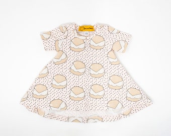 Baby Pink High Low Short Sleeved T-shirt Dress, Cream Buns and Polka Dots Organic Cotton Dress, Handmade in UK