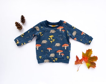 VENTE ! T-shirt à manches longues bleu marine champignon pour enfant jusqu'à 4 ans, haut en jersey de coton bio/élasthanne, mode automne bébé