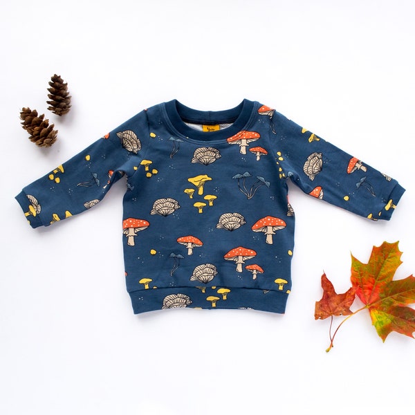 SALE! Mushroom Navy Long Sleeved T-shirt for Kids up to 4 Years, Organic Cotton / Elastane Jersey Top, Autumn Baby Fashion