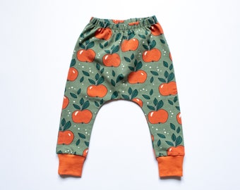 Green Apple Harem Pants, Organic Cotton Leggings, Size 3-4 years, Everyday Toddler Trousers, Designed for Cloth Nappies