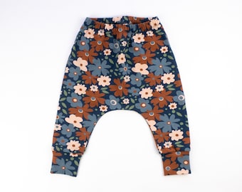 Navy Mini Flora Harem Pants, Organic Cotton Leggings for Babies and Toddlers, Elasticated Waist, Cuff Leggings, Handmade in UK