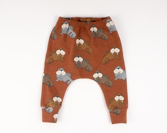 Made to Order Walrus Harem Pants, Organic Cotton Baby Leggings, Elasticated Waist Trousers, Designed for Cloth Nappy, Handmade in UK