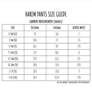 May include: Size chart for harem pants in inches, showing the outseam, inseam, and across waist measurements for sizes 0-3M (62) to 3-4Y (104).