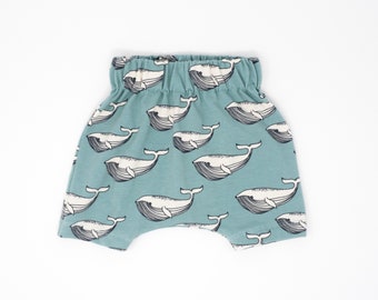 Aqua Whale Organic Cotton Harem Shorts for Babies and Toddlers, Summery Short Pants, Handmade in UK