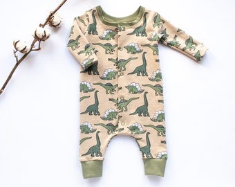 Dinosaur Long Sleeved Harem Romper for Babies, Front Opening Baby Grows, Kind to Skin Organic Cotton/Elastane French Terry