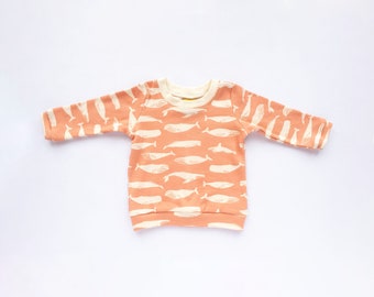 SALE! Coral Whale Long Sleeved T-shirt for Babies and Children, Organic Cotton Unisex Top, Ringer Tee, Handmade in UK