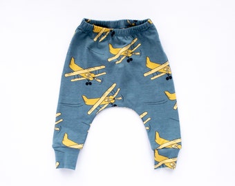 Airplane Harem Pants for Babies and Toddlers, Organic Cotton Leggings, Ready to Ship, Designed for Cloth Nappy, Elastic Waist Trousers