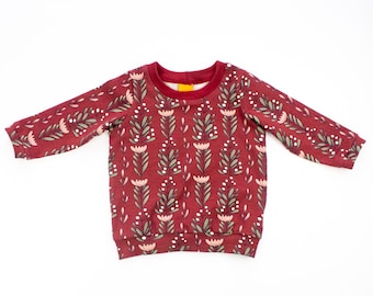 Flower Fest Wine Long Sleeved T-shirt for Babies and Children, Organic Cotton Top, Ready to Ship, Handmade in UK