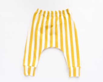 Made to Order Golden Yellow Stripe Harem Pants, Organic Cotton Baby Leggings, Everyday Toddler Trousers, Elasticated Waist, Handmade in UK