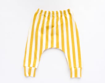 Golden Yellow Stripe Harem Pants, Organic Cotton Baby Leggings, Everyday Toddler Trousers, Elasticated Waist, Handmade in UK