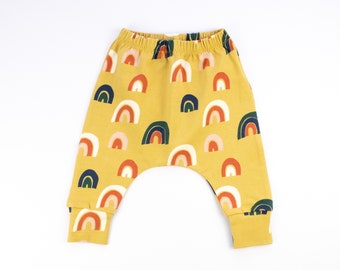 SALE! Rainbow Gold Harem Pants, Organic Cotton Baby Leggings, Size 0-3 months & 3-4 years, Designed for Cloth Nappies, Handmade in UK