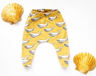Whale Gold Harem Pants for Babies and Toddlers, Organic Cotton Leggings, Made to Order, Cloth Nappy Friendly Trousers, Elastic Waist