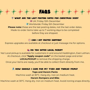May include: A tan-colored graphic with the word "FAQs" at the top, followed by text about Christmas 2025 posting dates, shipping, local pickup, and care instructions for Yuzu and Thread items.