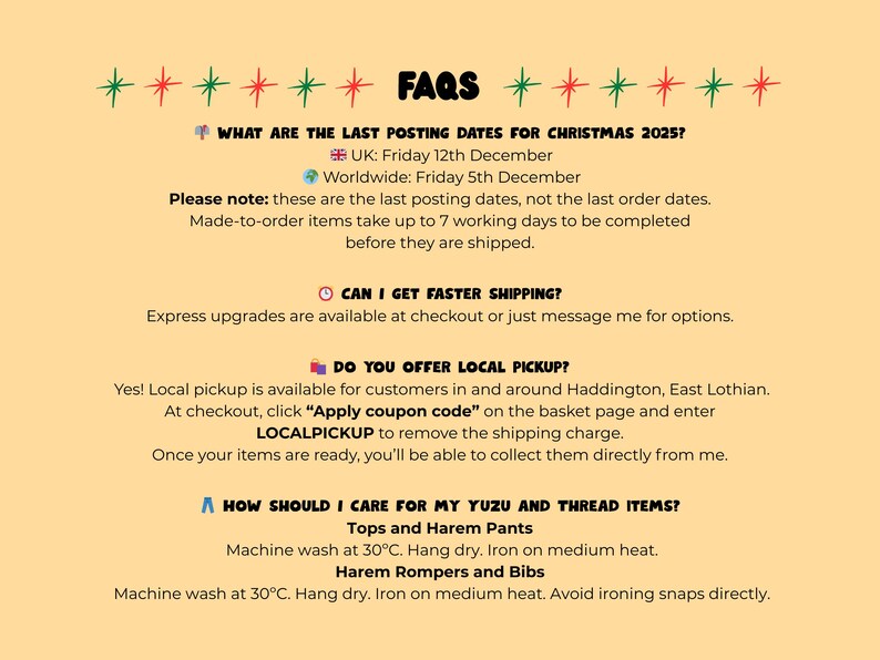 May include: A tan-colored graphic with the word "FAQs" at the top, followed by text about Christmas 2025 posting dates, shipping, local pickup, and care instructions for Yuzu and Thread items.