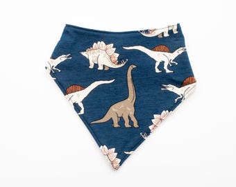 Dino Dark Blue Organic Cotton Baby Bandana Bib, Adjustable Triangle Bib, Absorbent, Gentle to Babies' Skin