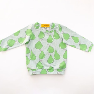 SALE Green Pears Dusty Mint T-shirt, Long Sleeved Organic Cotton/Elastane Top for Babies and Toddlers, Handmade in UK