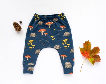 Made to Order Mushroom Navy Harem Pants, Organic Cotton Unisex Baby Leggings, Everyday Toddler Trousers, Designed for Cloth Nappies