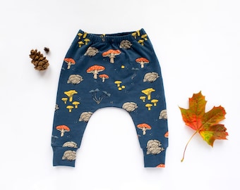 Mushroom Navy Harem Pants, Organic Cotton Unisex Baby Leggings, Everyday Toddler Trousers, Designed for Cloth Nappies
