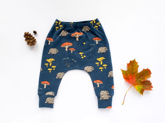 Mushroom Navy Harem Pants, Organic Cotton Unisex Baby Leggings, Everyday Toddler Trousers, Designed for Cloth Nappies