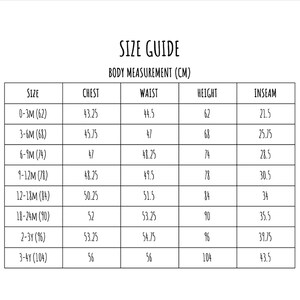May include: Size guide chart for baby clothes with measurements in centimeters for chest, waist, height, and inseam. Sizes range from 0-3 months to 3-4 years.