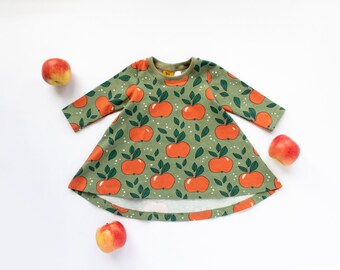 Apples Green High Low Hem Dress, Organic Cotton Long Sleeved Dress for up to 4 Years, Handmade in UK