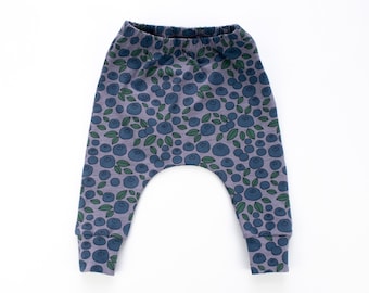 Purple Blueberry Harem Pants, Organic Cotton Baby Leggings, Unisex Summer Pants, Cloth Nappy Friendly, Elasticated Waist, Size 6-9 months