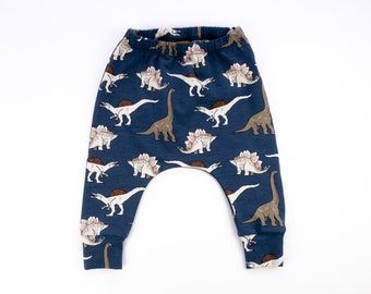 Dino Dark Blue Harem Pants, Organic Cotton Baby Leggings, Unisex Toddler Pants, Ready to Ship, Elasticated Waist, Handmade in UK